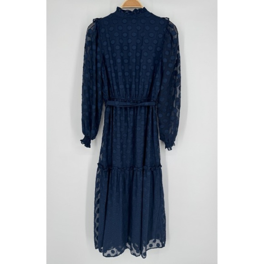 Moon River Navy Polka Dot Midi Dress Small Sheer Long Sleeve Ruffle Tie Belt - Picture 6 of 11